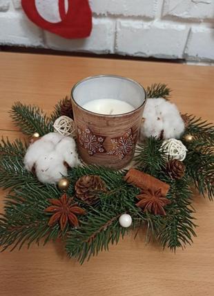Новогодняя рождественская композиция со свечой, подсвечник новогодний со свечой на стол4 фото