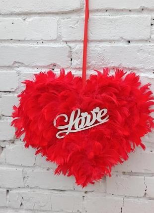 Красное сердце из перьев - декор ко дню святого валентина на дверь, стену,6 фото