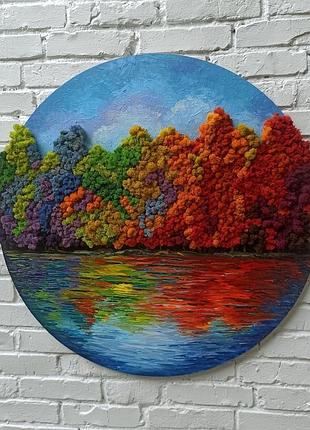 Декор из мха. круглая картина из стабилизированного мха на стену. осенний пейзаж маслом