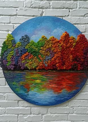 Декор из мха. круглая картина из стабилизированного мха на стену. осенний пейзаж маслом