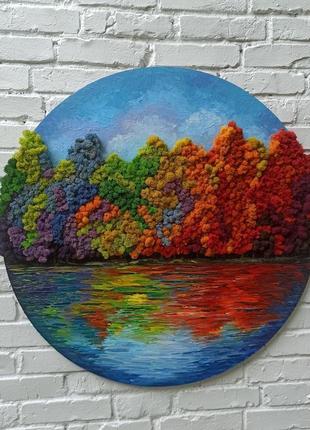 Картина пейзаж осінь. картина з моху і олійними фарбами. картина на подарунок2 фото