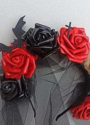 Обруч з чорними та червоними трояндами, чорною фатою до хелловіну хеллоуіну6 фото