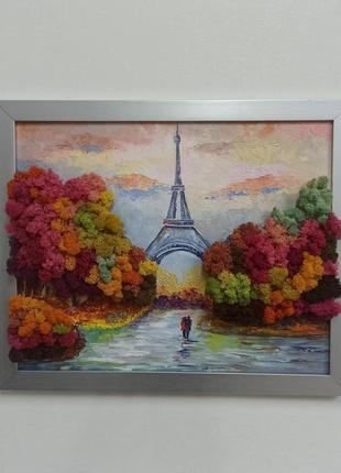 Авторская картина с эйфелевой башней написана масляными красками и дерева выполнена из мха2 фото