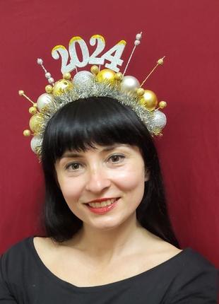 Срібно-золотий новорічний обруч, новорічна корона з кульками7 фото