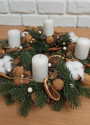 Рождественский венок подсвечник со свечами на стол1 фото