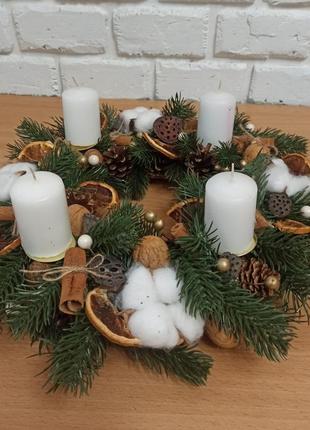 Рождественский венок подсвечник со свечами на стол6 фото