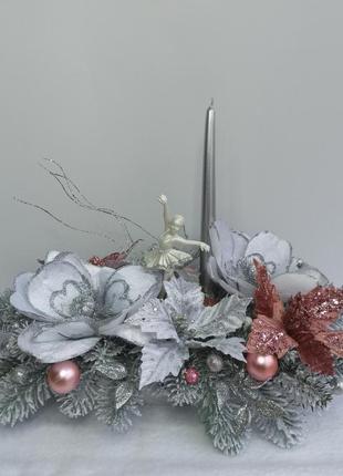Новорічна різдвяна композиція з балериною та свічкою на стіл3 фото