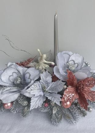 Новогодняя рождественская композиция с балериной и свечей на стол5 фото