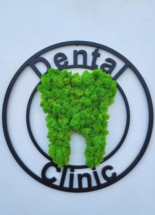 Логотип стоматологии (стоматолога) с зубом на стену. логотип из мха. подарок стоматологу7 фото