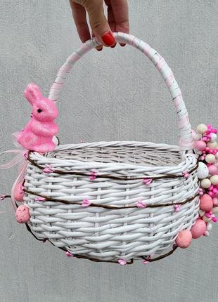 Білий дитячий пасхальний кошик для дівчаток з  рожевим зайчиком