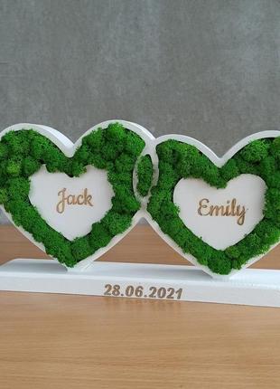Два серця з мохом на підставці - подарунок на річницю весілля дружині, на річницю весілля батькам,3 фото
