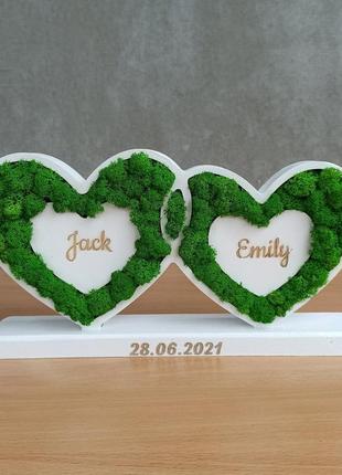 Два серця з мохом на підставці - подарунок на річницю весілля дружині, на річницю весілля батькам,8 фото