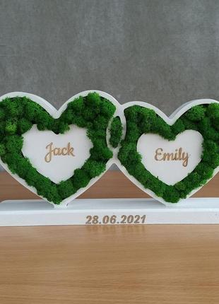 Два серця з мохом на підставці - подарунок на річницю весілля дружині, на річницю весілля батькам,2 фото