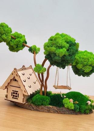 Авторська композиція з деревами з моху, гойдалкою та будинком. подарунок на день народження10 фото