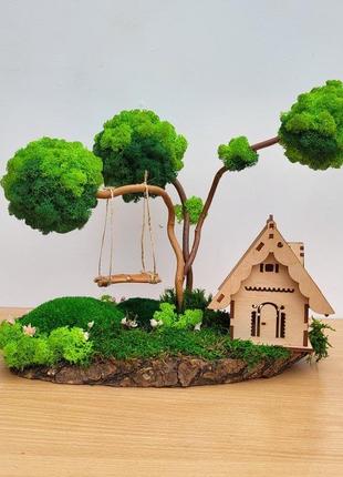 Авторська композиція з деревами з моху, гойдалкою та будинком. подарунок на день народження3 фото