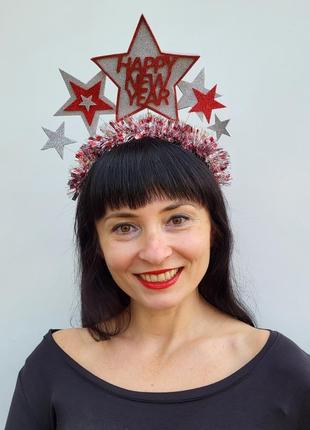Новорічна корона з срібними та червоними  зірками для дорослих та підлітків6 фото
