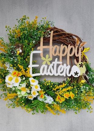 Об'ємний весняний та великодній вінок на двері  з весняними квітами та зеленню3 фото