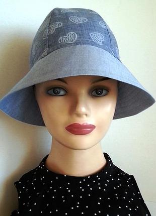 Капелюх. літня льон сорочковий. сердечка. блакитний. поля блакитний котон.