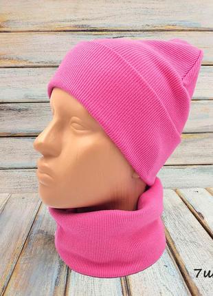 Комплект, рожева демісезонна шапка рубчик,хомут,снуд,шарф,баф, шапочка,гірчиця,пудра3 фото