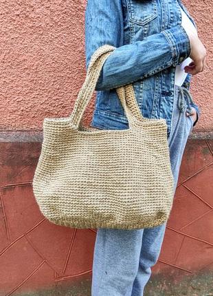 Плетеный шоппер ручной работы. джутовая летняя сумка. вязаная повседневная сумка6 фото