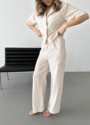Женский качественный летний льняной брючный костюм укороченная рубашка и широкие брюки палаццо2 фото