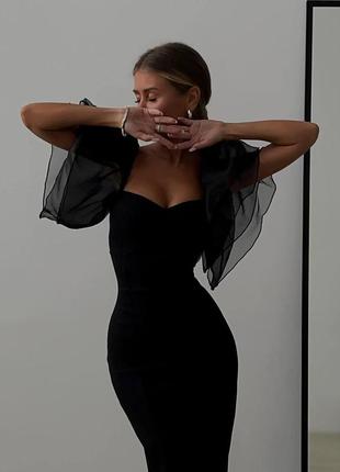 Облягаюча сукня міді, з рукавами крильце, чорна4 фото