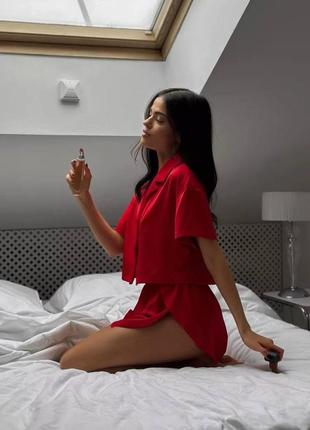 Женская шелковая пижама, рубашка и шорты, красная