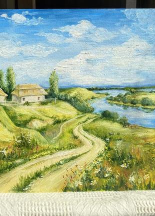 Картина олією хутор біля річки українська ґрунтований картон 30 на 40