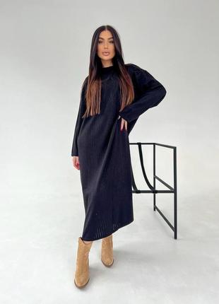 Теплое платье миди, из вязки, в стиле оверсайз, черное3 фото
