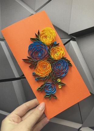 Открытка с цветами, бумажные цветы, открытка ручная работа