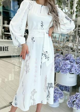 Платье миди с длинными рукавами и цветочным принтом, белое8 фото