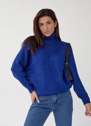 Жіночий теплий светр оверсайз, з довгим рукавом, синій