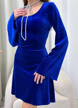 Приталенное платье мини, со шнуровкой на спине, синее5 фото