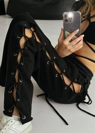 Женские штаны со шнуровкой, с высокой талией, черные6 фото