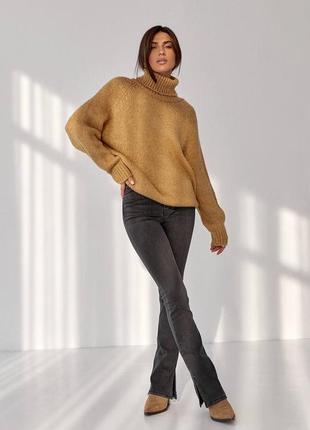 Жіночий теплий светр оверсайз, з довгим рукавом, гірчиця3 фото