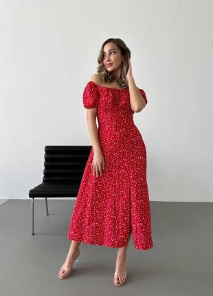 Красное платье миди с разрезом🍒1 фото