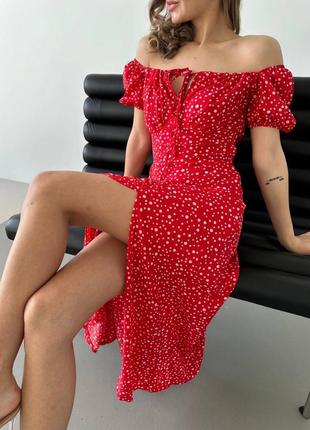 Красное платье миди с разрезом🍒5 фото