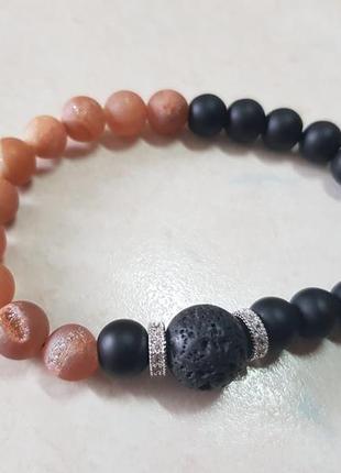 Браслет из натурального агата и шунгита с бусиной вулканической лавы