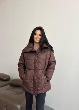 Женская теплая курточка, на молнии, с высоким горлом, шоколад5 фото