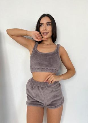 Жіноча піжамка, топ та шорти із завищеною талією, мокко2 фото