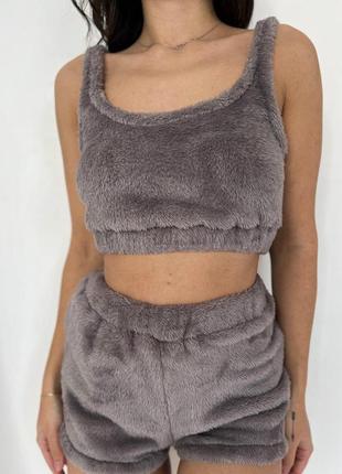 Жіноча піжамка, топ та шорти із завищеною талією, мокко3 фото