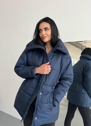 Женская теплая курточка, на молнии, с высоким горлом, синяя3 фото