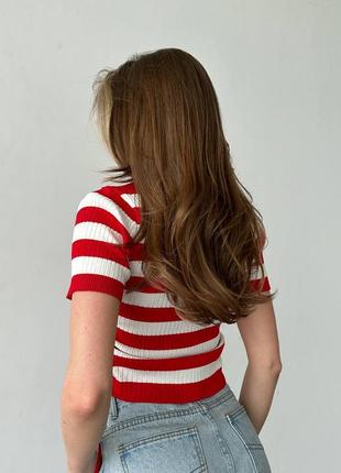 Женская футболка поло в полоску со шнурками по бокам8 фото