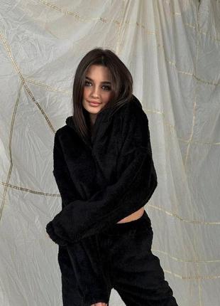 Жіноча тепла піжамка з вушками, кофта та штани, чорна