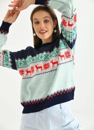 Женский новогодний свитер, в стиле оверсайз, синий1 фото