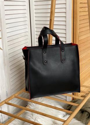 Чорна жіноча сумка шоппер на широкому ремінці