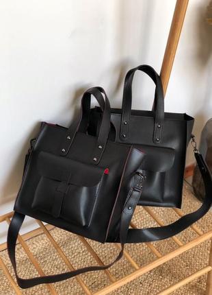 Чёрная женская сумка шоппер на широком ремешке2 фото