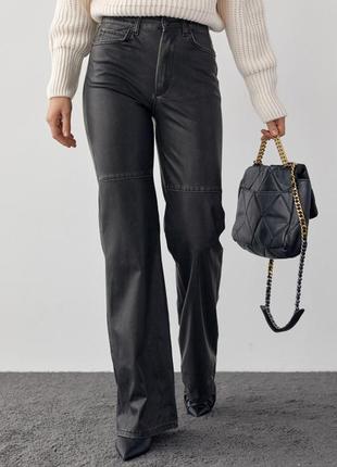 Женские черные потертые кожаные брюки винтаж эко кожа