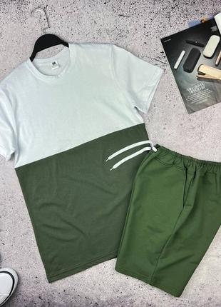 Летний спортивный базовый костюм двухцветный комплект футболка + шорты