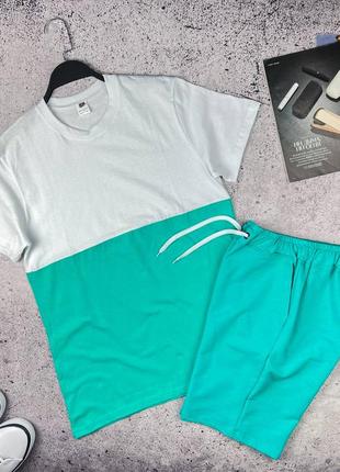 Летний спортивный базовый костюм двухцветный комплект футболка + шорты